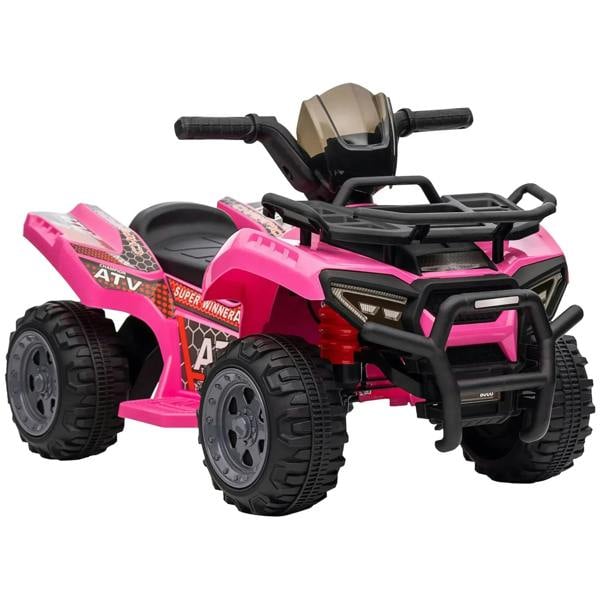 Kids electric ride-on quad bike, pink ATV design with black roll bar and handlebars