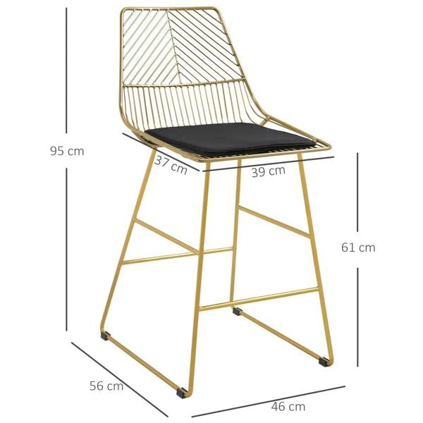 Gold wire bar stool with black seat cushion, angled back and slatted frame