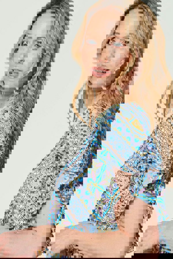 Blue | Printed Frill Sleeve Maxi Dress