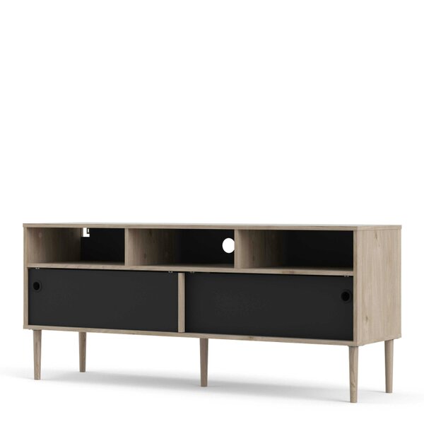 Wyld Haus Tao Natural Oak Effect and Matt Black TV Unit 2 Sliding Doors