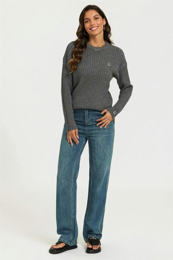 FS Collection Smiley Face Embroidery Jumper Top In Dark Grey