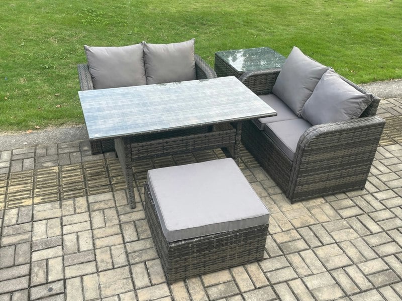Fimous Garden Patio Furniture Wicker Rattan Oblong Rectangular Dining Table and Loveseat Sofa set with Side Table Big Footstool Dark Grey Mixed