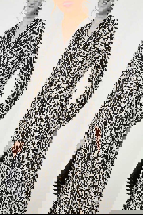 Black | Animal Print Ruffled Midi Wrap Dress
