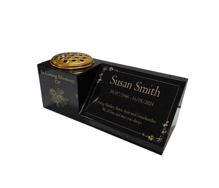 Memorials Direct Granite Memorial Vase and Plaque Combination – Floral Design, Solid Granite (16x6x6”) with Flower Pot Insert