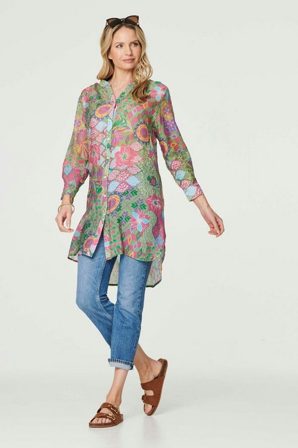 Green | Printed Semi Sheer Longline Blouse