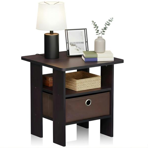 WALPLUS Andrey End Table Nightstand with Bin Drawer, Dark Walnut, | Stylish Table for Home Use with Practical and Modern Design | 11157DWN