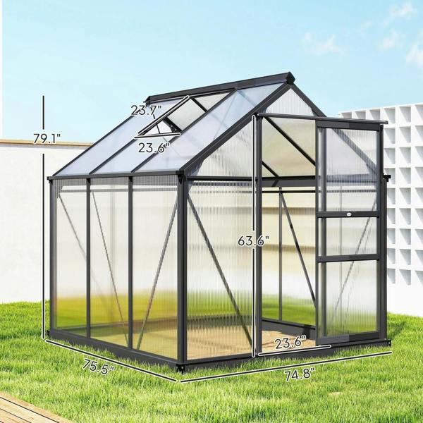 Grey polycarbonate greenhouse with sliding door and end window, size markings