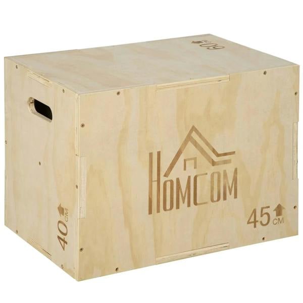 Natural wooden plyometric jump box with side handle openings and 45 cm markings