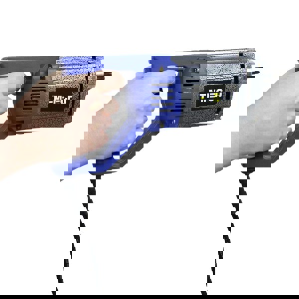 T-Mech concrete vibrator with a blue ergonomic handle and textured silver body, designed for efficient concrete compaction