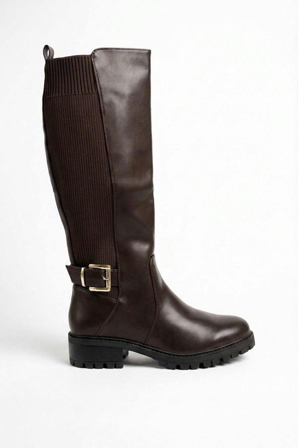 Cordelia Ribbed Panel Knee High Boots - Brown