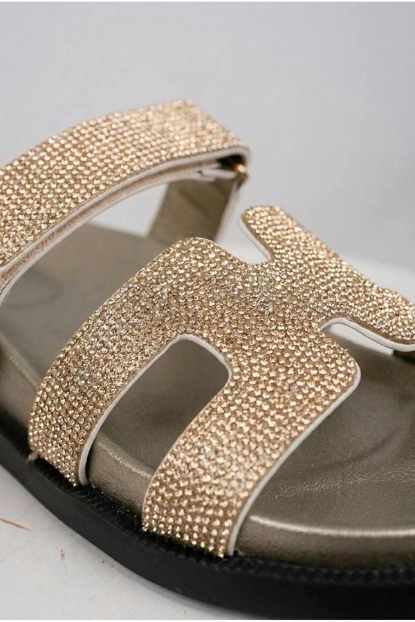Pearl Rhinestone Embellished Double Strap Sandals | colour:GOLD