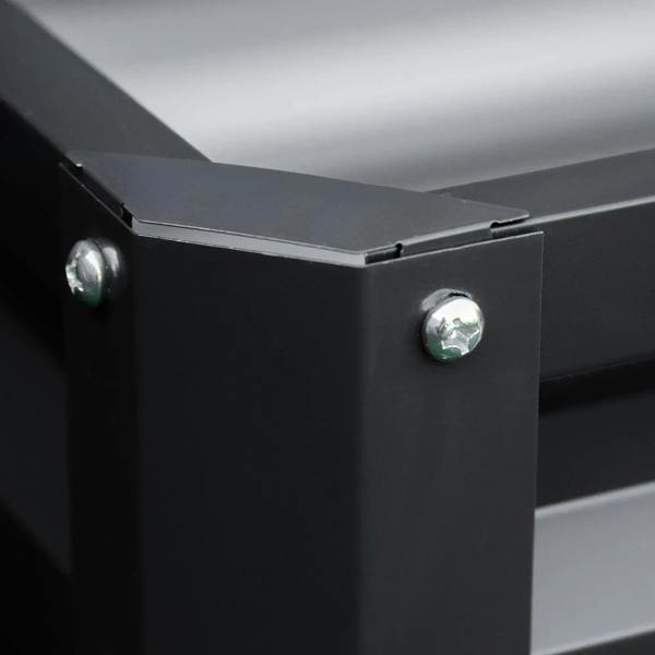 Steel planter box corner joint with hex bolts on dark grey frame