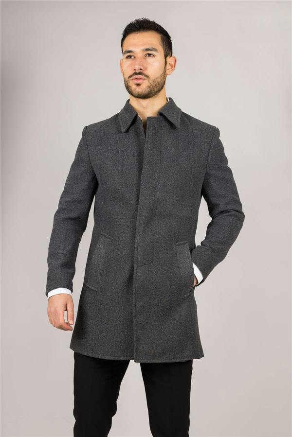 Infinity Leather Men's Wool Blend Classic Collar Grey Overcoat