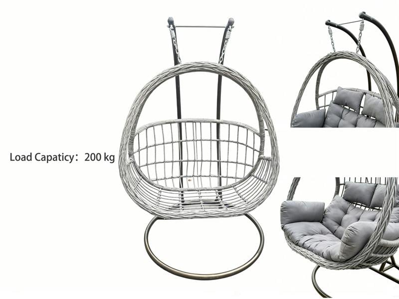 Fimous Rattan Garden 2 Person Hanging Egg Chair Indoor Outdoor Patio Furniture with Grey Cushion