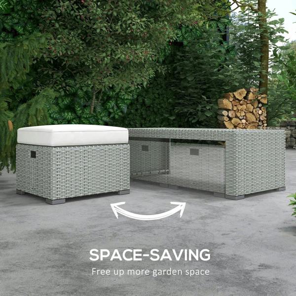 Light grey outdoor rattan storage-style ottoman bench with cushioned top and compact profile