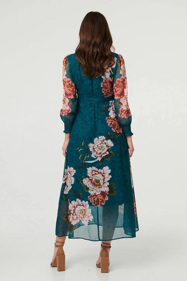 Green | Floral Semi Sheer Layer Midi Dress