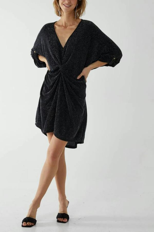 Hoxton Gal Oversized Twist Front Detailed Button Sleeve Mini Dress in Black Glitter