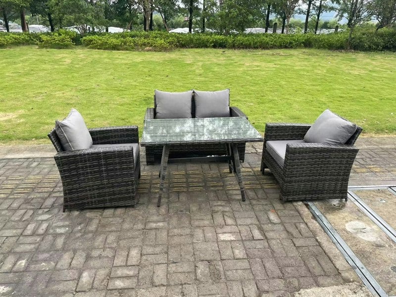 Fimous 4 Seater Outdoor Dark Grey Mixed High Back Rattan Sofa Dining Table Set Garden Furniture Patio