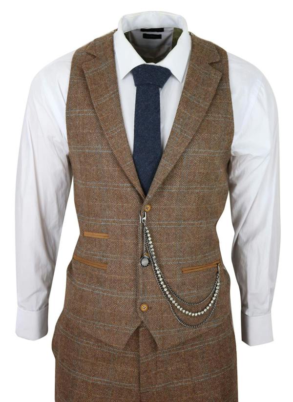 TruClothing Mens 3 Piece Wool Suit Oak Brown Tweed Herringbone Check Peaky Blinders Gatsby