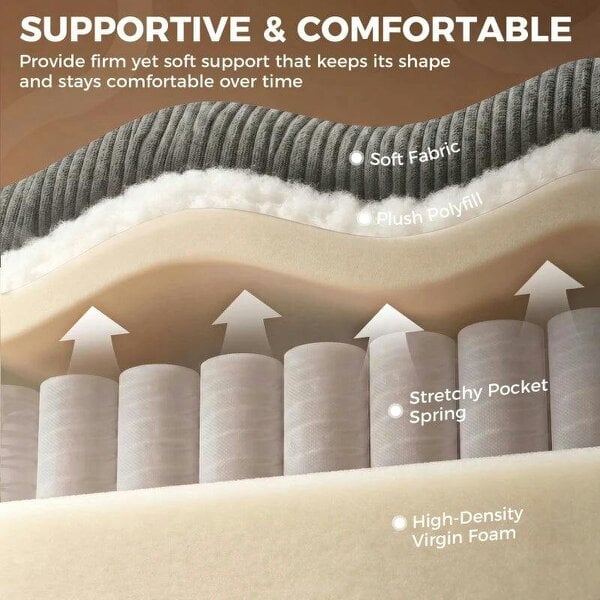 3 Seater Sofa with Wide Seat, Corduroy Fabric Couch with Deep Seat, Spring Cushion, Light Grey