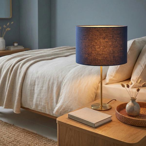 Designer Navy Peony Blue Textured Linen Fabric Circular Lamp Shade Image 6
