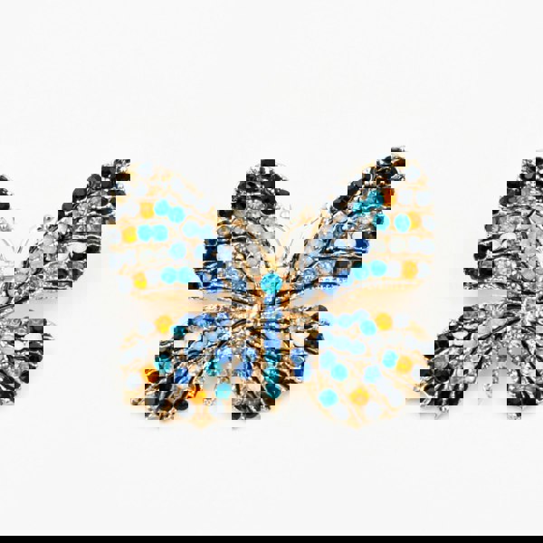 Butterfly brooch, gold tone metal, multicolour crystal embellishments in blue, amber, black and white, sparkling rhinestone detailing, vintage inspired jewellery, statement accessory, elegant decorative pin, gift for her
