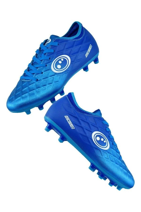 Pair of blue Optimum Ignisio football boots, moulded studs and white ring logo, angled on white - Optimum