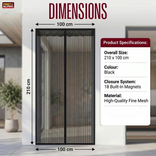 Pest Guard Magnetic Fly Screen Door 210x100cm Fly Net for Door with 18 Magnets, Full Frame Magic Tape, Self-Sealing Bug Mesh Curtain