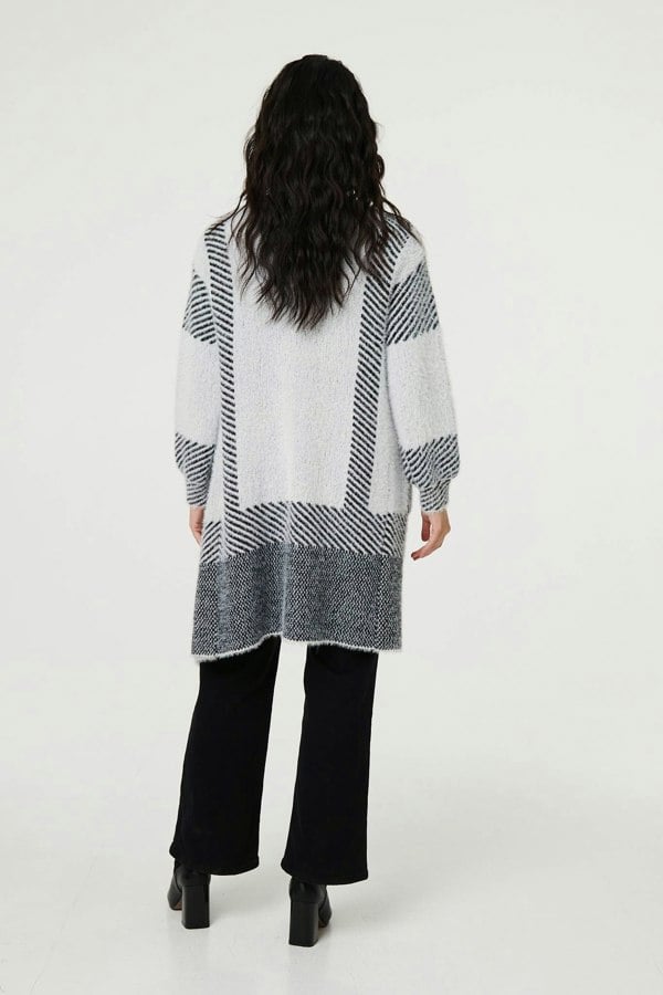 White | Striped Longline Relaxed Cardigan