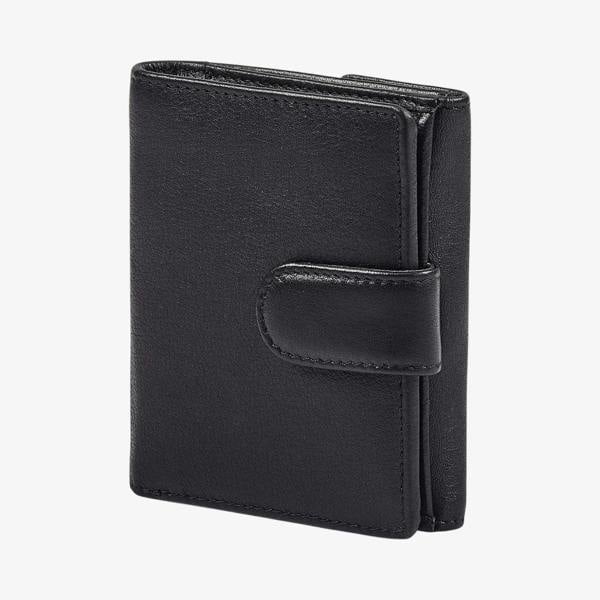 Black ladies trifold leather purse with buttoned coin pocket