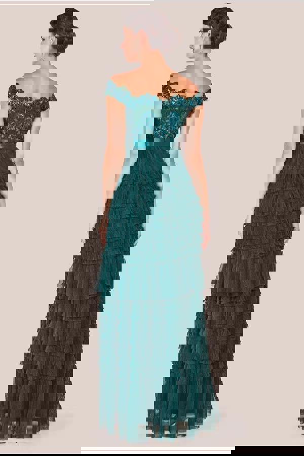 Scallop Bardot Ruffle Mesh Maxi - Emerald Green DR3742