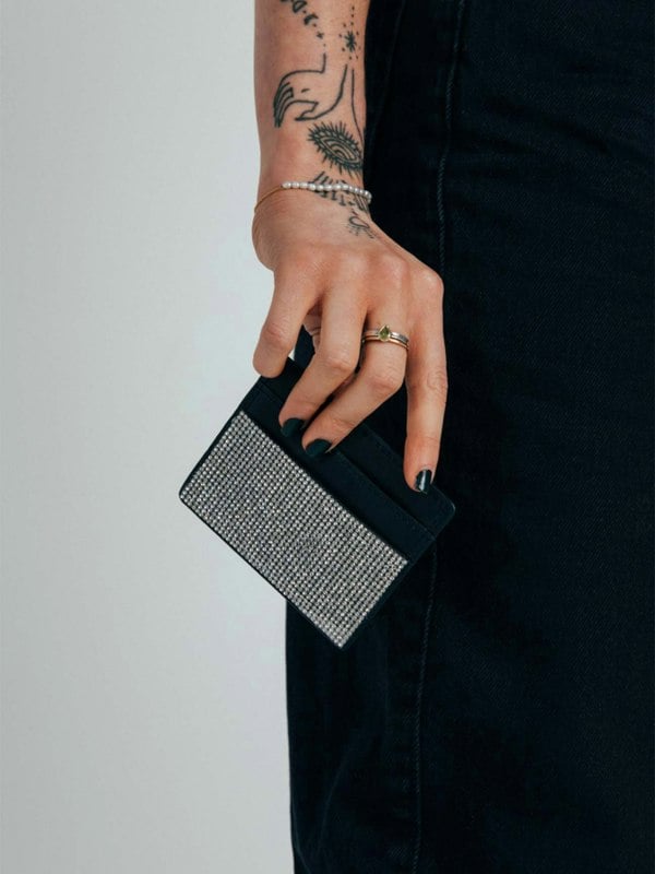 SVNX Crystal Embellished Card Holder in Black
