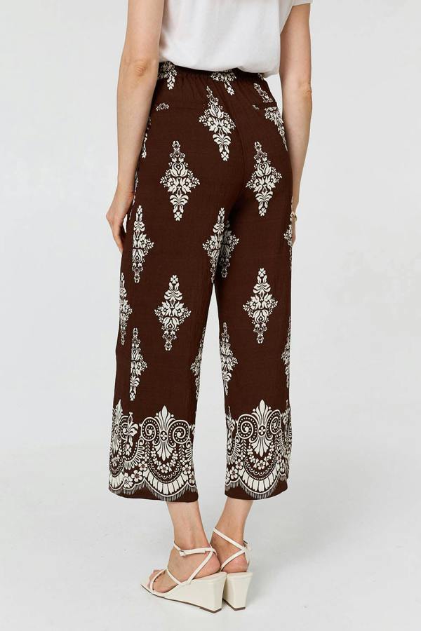 Brown | Border Print High Waist Wide Trousers
