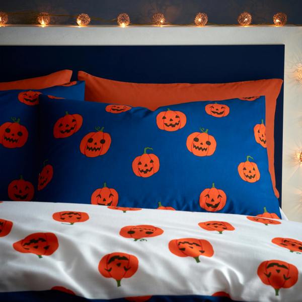 Catherine Lansfield Halloween Pumpkins Reversible Duvet Cover Set Navy Blue