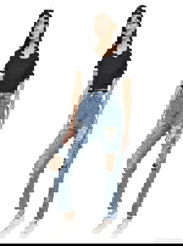 Smart Living Women's High-Waist Multi-Rip Mom Jeans - Mid Wash