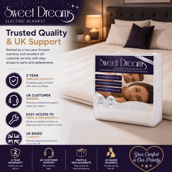 Sweet Dreams Luxury Fleece Electric Blanket Single Size, Machine Washable Underblanket, Digital Control, Overheat Protection