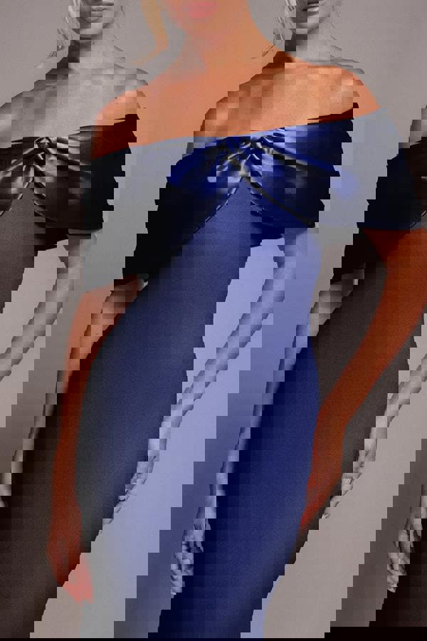 Twist Knot Satin & Scuba Bardot Maxi Dress - Navy Blue DR4575