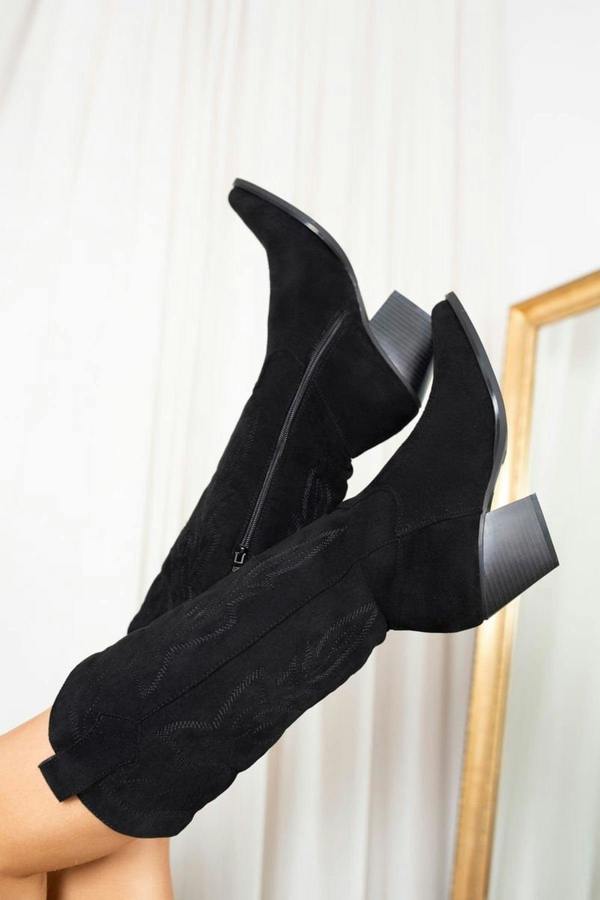 Samira Block Heel Cowboy Boots - Black
