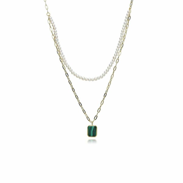 270N037702925 ECFEW™ Unifier Malachite & Pearl Layered Necklace In Sterling Silver 1