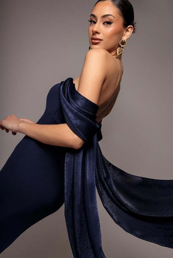 Off Shoulder Velvet Satin Wing Cape Maxi Dress - Navy Blue DR5079