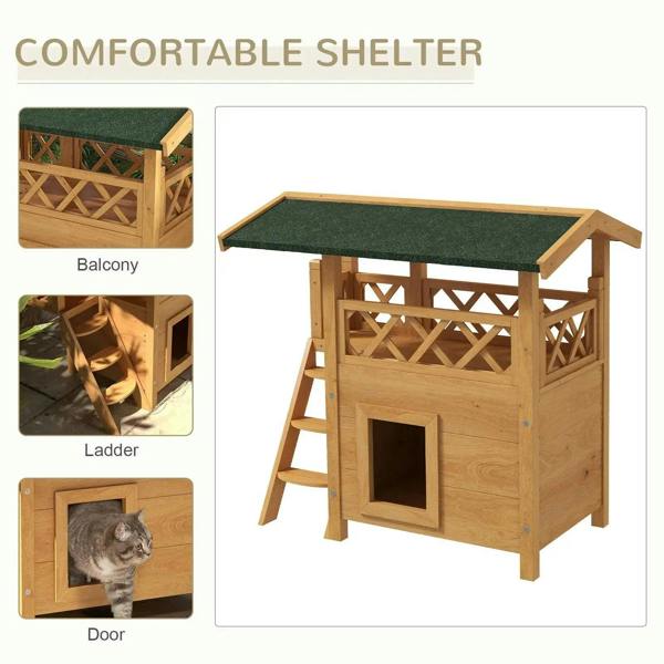 Outdoor wooden cat house with green roof, balcony, square door, and side ladder stairs