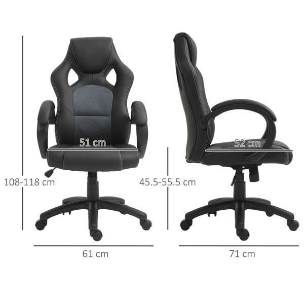 Black swivel office chair, side and front views showing padded armrests and seat
