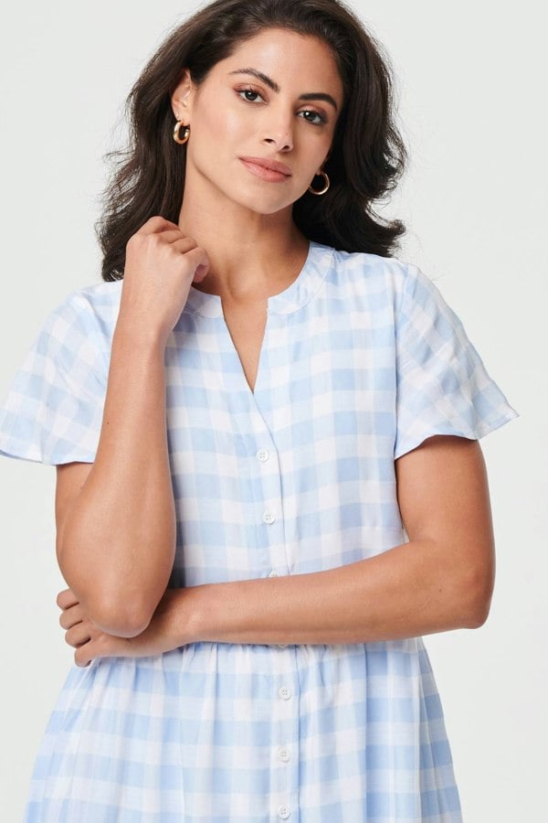 Blue | Checked Short Sleeve Tiered Maxi Dress
