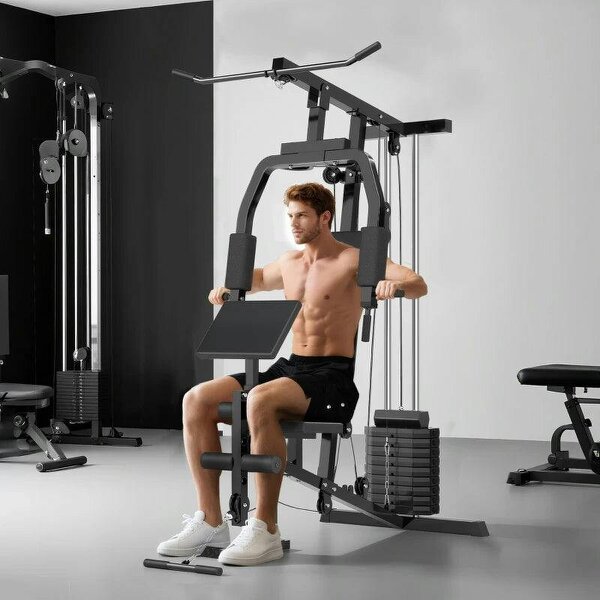 Multi Gym Equipment, 45KG Weight Stack, Chest Press, Butterfly Press & Leg Developer for Strength Training - Black