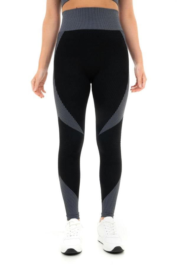 Smart Living Women's Textured High Waist Panel Leggings with Striped Design - Black / Grey