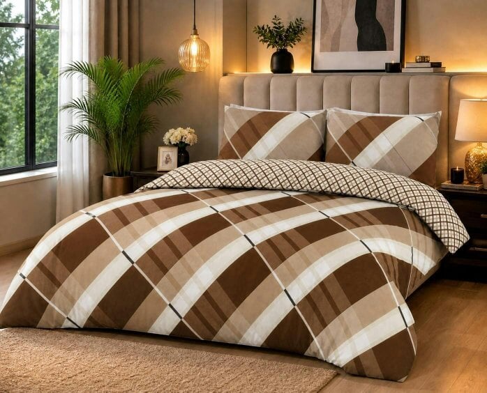 Night Zone Hardy Check Stripe Polycotton Duvet Cover Set – Soft Easy Care Bedding with Pillowcases - Brown