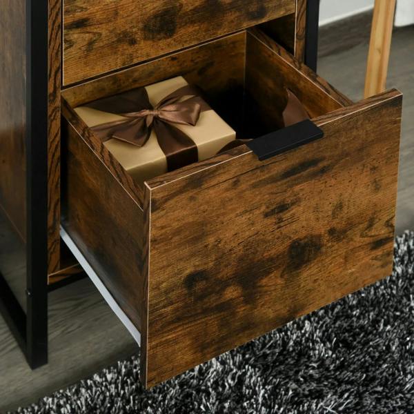 Open drawer of rustic brown 3-drawer dresser with black handle.