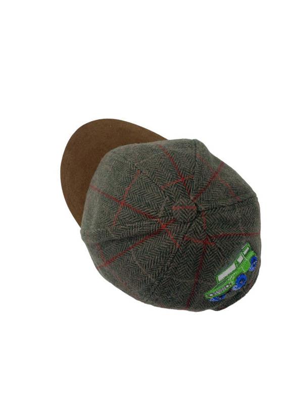 Green tweed baseball cap with land rover embroidery at the back