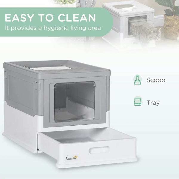 Grey hooded cat litter box with front entry window and pull-out tray step