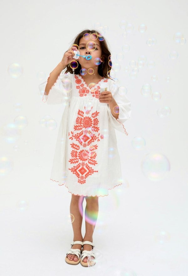 Kids cotton Arabella V- Neck Embroidered Dress In Cream - image 1
